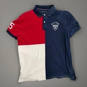Tommy Hilfiger Polo Shirt Mens Large Colorblock Red Navy White Short Sleeve